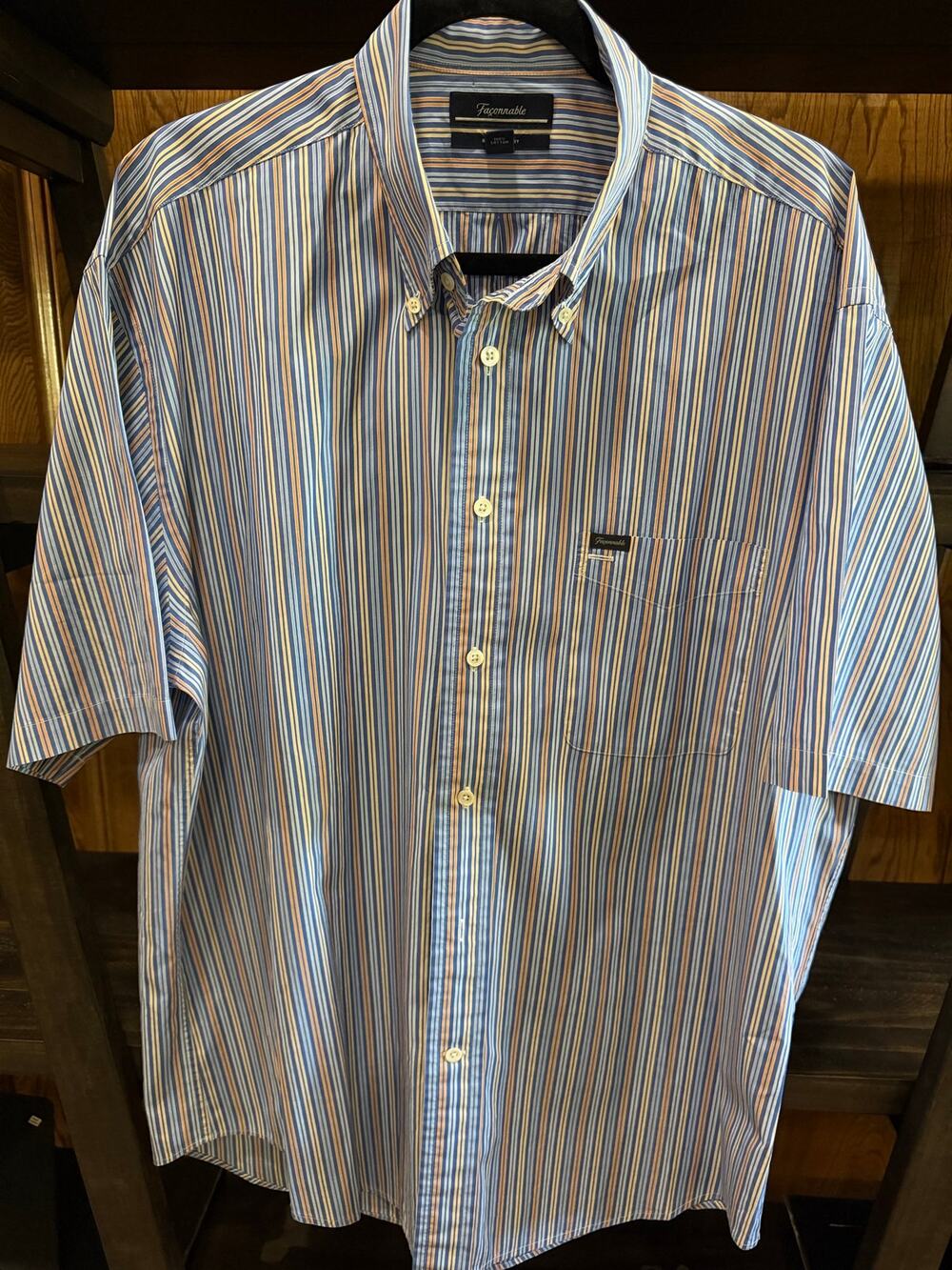 Faconnable Men’s XL Blue Striped Short Sleeve Button-Up Shirt